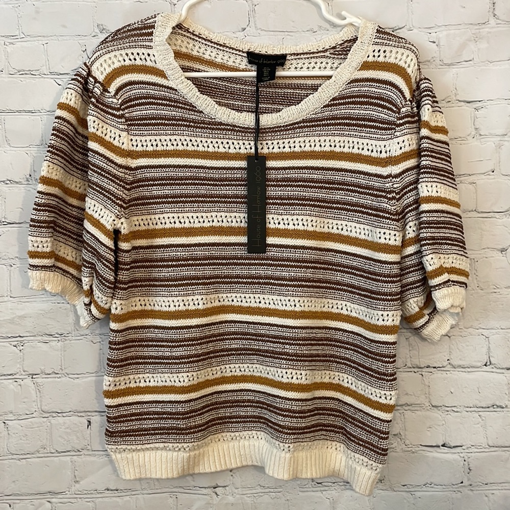 NWT House Of Harlow striped knit puff sleeve top - Picture 3 of 6